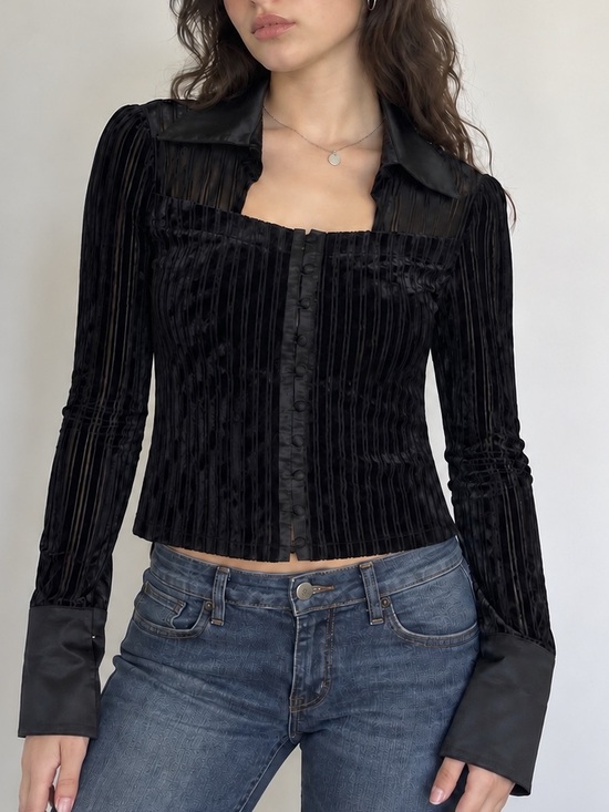 Tops - Y2K Black Velvet Stripe Button Front Corset Top Satin Cuffs Women S Whimsygoth